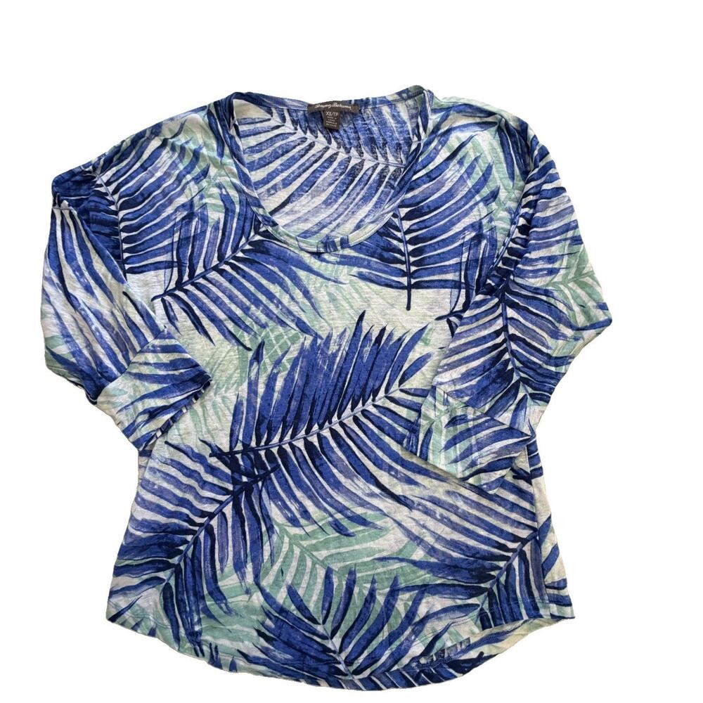 Tommy Bahama Womens 100% Linen Blue Green Palm Print Blouse XS EUC